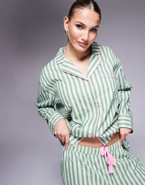 ASOS DESIGN – Mixa och matcha – Grön, vävd pyjamas med randigt mönster - view 1