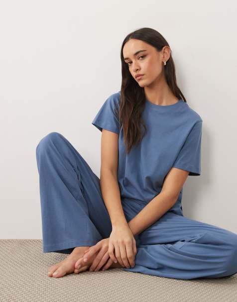 ASOS DESIGN – Mixa och matcha – Jeansblå pyjamaströja i bomull och oversized fit med sidoslits - view 1