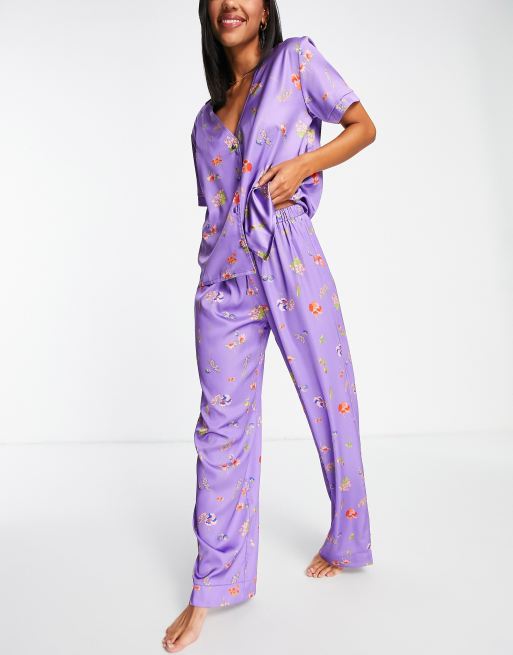 ASOS DESIGN – Mixa och matcha – Lila, blommig pyjamastopp i satin