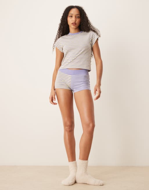 ASOS DESIGN – Mixa och matcha – Lila och gula, mixat randiga pyjamasshorts i boxerstil, 2 av 4