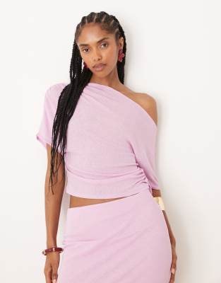 ASOS DESIGN – Mixa och matcha – Ljuslila topp i halvskir mesh med rysch och off shoulder - view 1