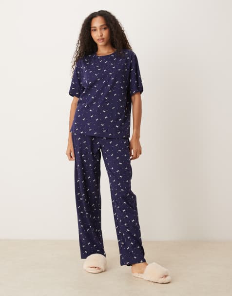 ASOS DESIGN – Mixa och matcha – Marinblå pyjamas i bomull med rosettmönster - view 1