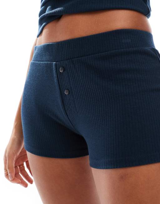 ASOS DESIGN – Mixa och matcha – Marinblå, ribbade pyjamasshorts i boxerstil med sammetskant, 2 av 5