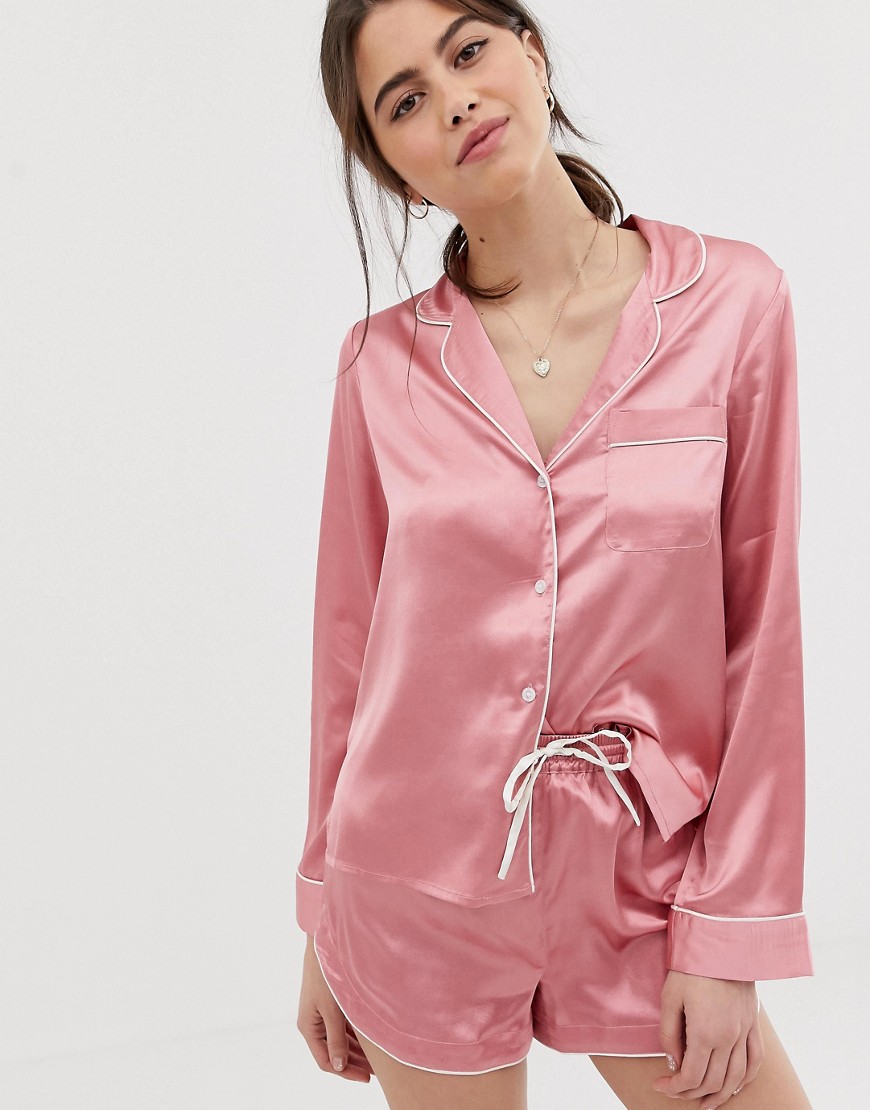 ASOS DESIGN - Mixa och Matcha - Pyjamas skjorta i satin-Rosa