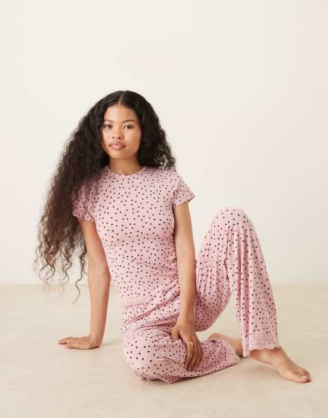 ASOS DESIGN – Mixa och matcha – Rosa, hjärtmönstrade pyjamasbyxor med spetskant och vida ben - view 1