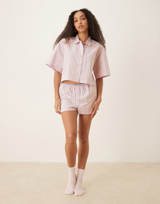 ASOS DESIGN – Mixa och matcha – Rosa- och blårandig, vävd pyjamasskjorta med korta ärmar, 2 av 4
