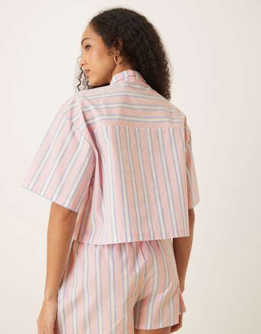 ASOS DESIGN – Mixa och matcha – Rosa- och blårandig, vävd pyjamasskjorta med korta ärmar, 4 av 4