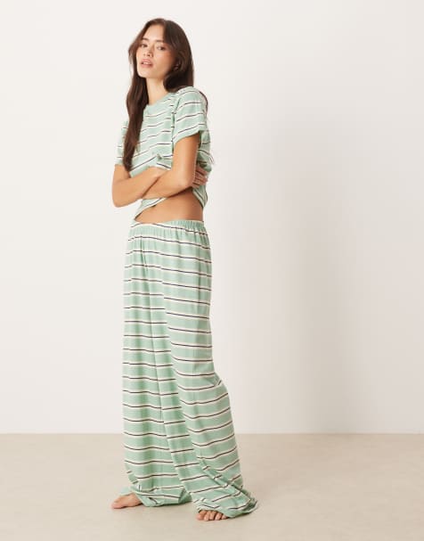 ASOS DESIGN – Mixa och matcha – Salviagröna och blårandiga pyjamasbyxor - view 1