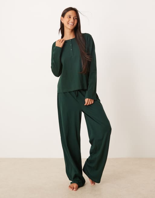ASOS DESIGN – Mixa och matcha – Skogsgrön pyjamastopp i henleystil med långa ärmar av bomull, 2 av 4