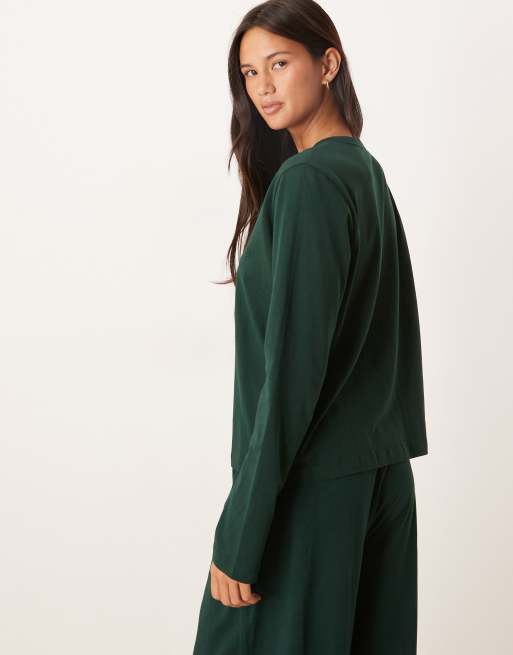 ASOS DESIGN – Mixa och matcha – Skogsgrön pyjamastopp i henleystil med långa ärmar av bomull, 3 av 4