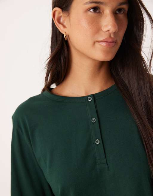 ASOS DESIGN – Mixa och matcha – Skogsgrön pyjamastopp i henleystil med långa ärmar av bomull, 4 av 4