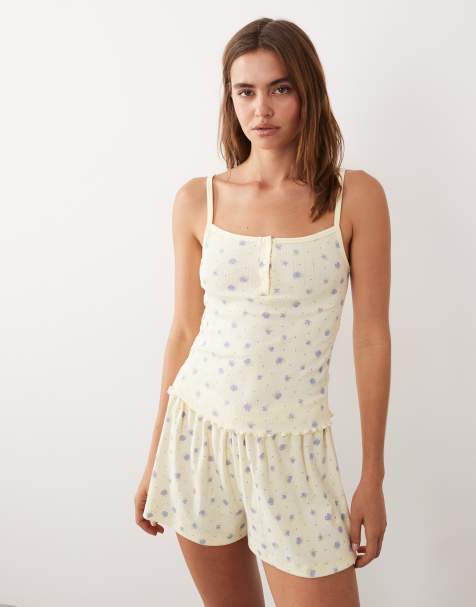 ASOS DESIGN – Mixa och matcha – Smörgul, blå, småblommig pyjamas i pointellestickat material - view 1
