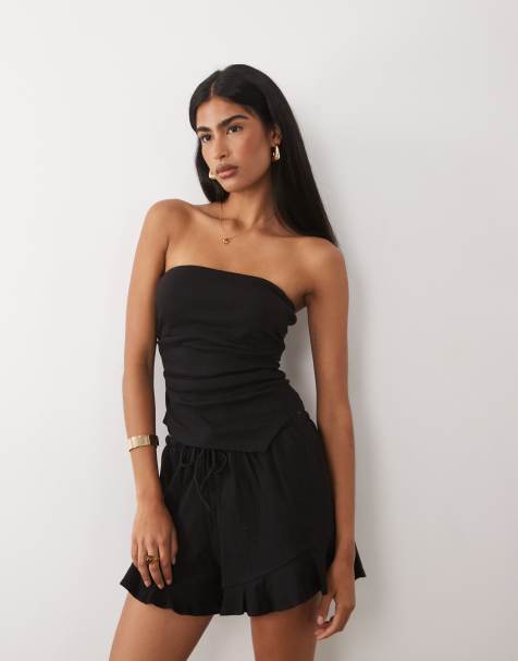 ASOS DESIGN – Mixa och matcha – Svart, krinklad, asymmetrisk bandeau-topp i bomull - view 1