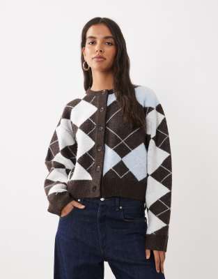 Asos Design Mixed Argyle Cardigan In Brown