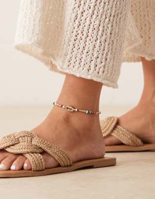 ASOS DESIGN ASOS DESIGN mixed bead anklet with faux shell in gold tone