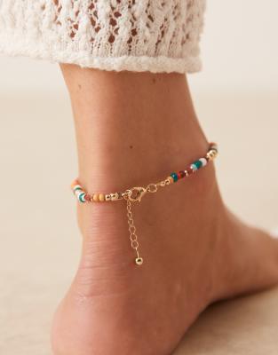 Asos Design Mixed Beads Anklet With Faux Shell In Metallic