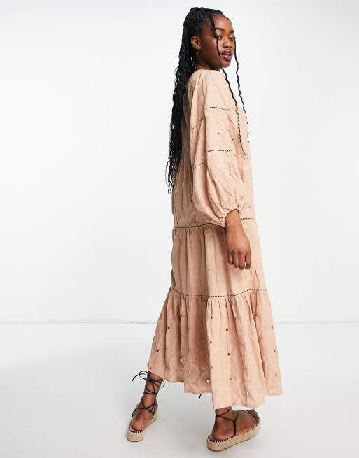 ASOS DESIGN mixed broderie midi dress with 70s sleeves in dusky pink, 2 of 4