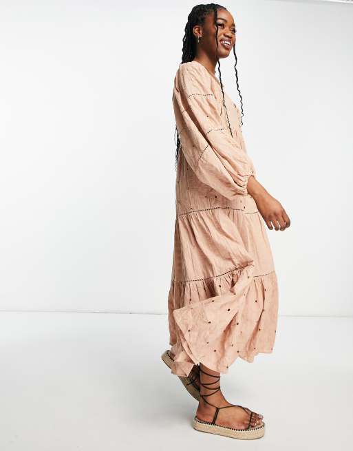 ASOS DESIGN mixed broderie midi dress with 70s sleeves in dusky