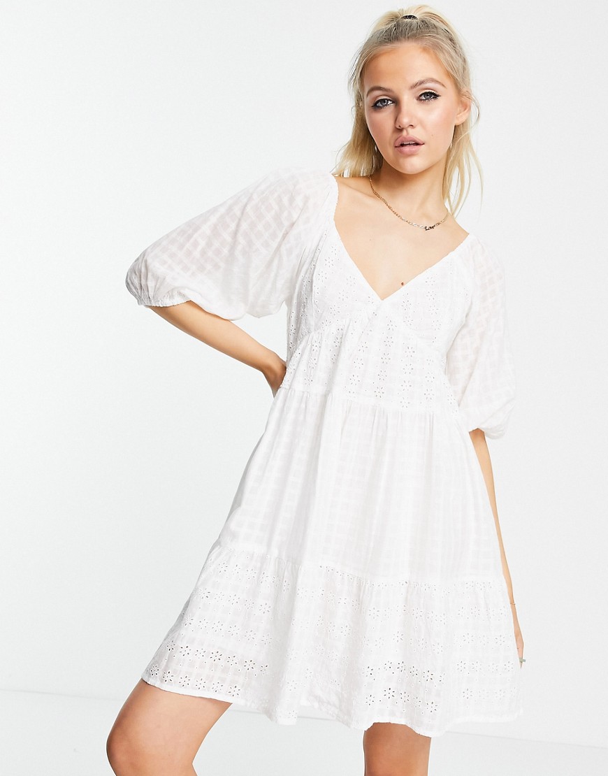 ASOS DESIGN mixed broderie tiered mini babydoll dress in white