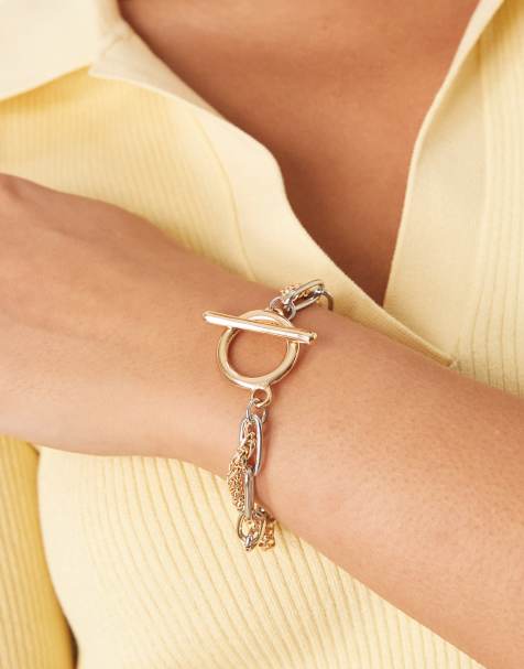 ASOS DESIGN mixed chain bracelet with t-bar detail in mixed metals - view 1
