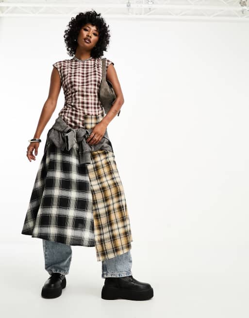 ASOS DESIGN mixed check asymmetric midi dress