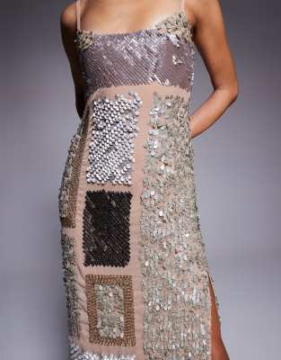 Asos Design Mixed Embellishment Semi Sheer Cami Midi Dress In Gray