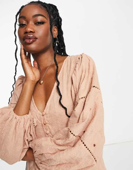 ASOS DESIGN mixed eyelet midi dress with 70s sleeves in dusky pink, 3 of 4