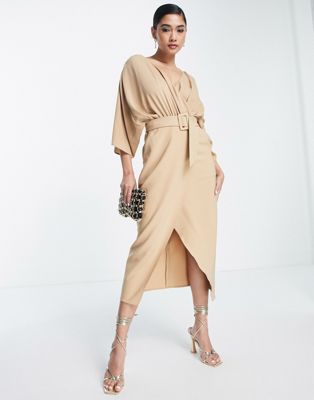 Shop Asos Design Mixed Fabric Belted Wrap Skirt Midi Dress In Camel-neutral