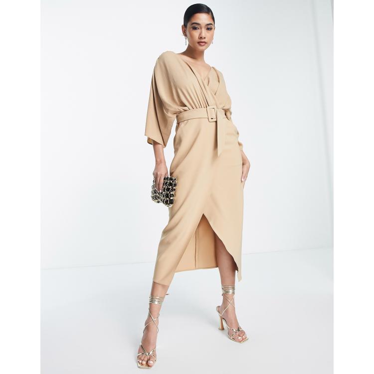 ASOS EDITION plisse long sleeve midi dress with belt in camel