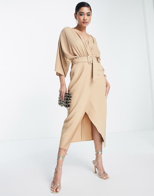 ASOS DESIGN mixed fabric belted wrap skirt midi dress in camel | ASOS