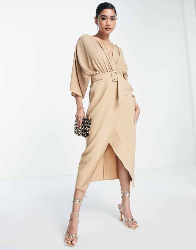 ASOS DESIGN mixed fabric belted wrap skirt midi dress in camel