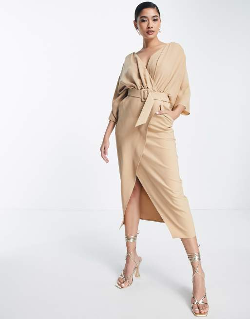 ASOS DESIGN mixed fabric belted wrap skirt midi dress in camel