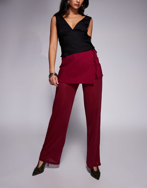 ASOS DESIGN mixed fabric mesh pants with tie side skirt in berry