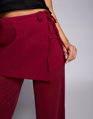 Asos Design Mixed Fabric Mesh Pants With Tie Side Skirt Overlay In Red