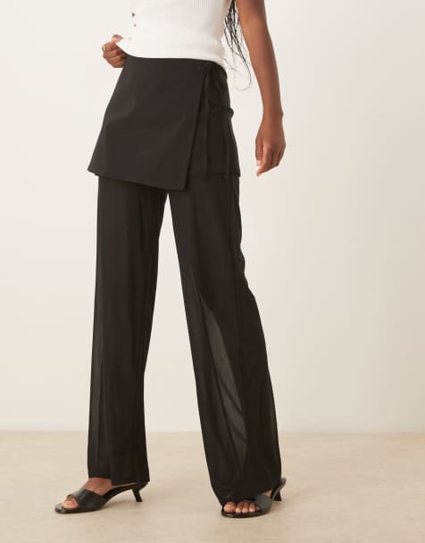 ASOS DESIGN mixed fabric mesh pants with tie side skirt overlay in black - view 1