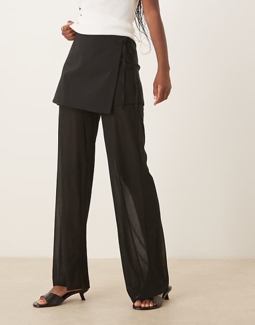 cigarette pants with skirt overlay Silk and Wool Silk Faille Convertible 4 / White Elegant trousers featuring a chiffon skirt overlay that creates a sophisticated layered silhouette Flowy Pant Suit With Skirt