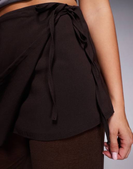 ASOS DESIGN mixed fabric mesh pants with tie side skirt overlay in chocolate, 2 of 5