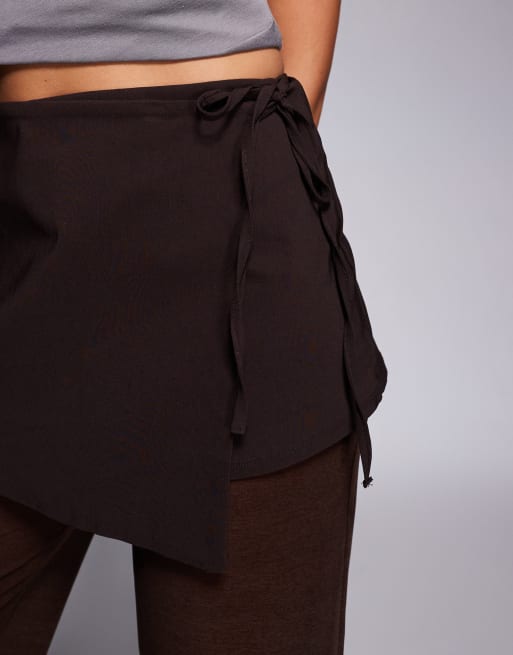 ASOS DESIGN mixed fabric mesh pants with tie side skirt overlay in chocolate, 4 of 5