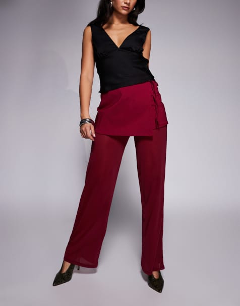 ASOS DESIGN mixed fabric mesh trouser with tie side skirt overlay in berry - view 1