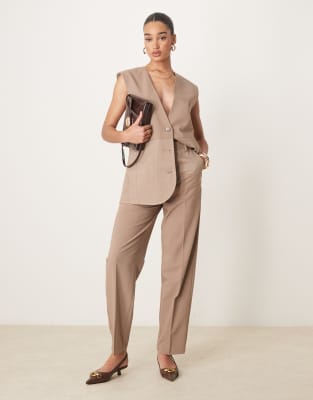 Asos Design Mixed Fabric Straight Leg Tailored Pants In Brown