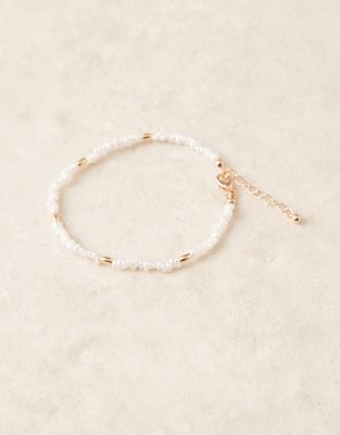 Asos Design Mixed Faux Pearl Anklet With Gold Beads