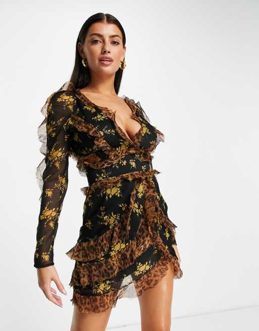 ASOS DESIGN mixed floral and leopard print tiered ruffle mini dress with open back