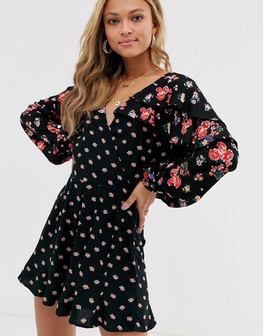 ASOS DESIGN mixed floral playsuit with ruffle sleeve-Multi
