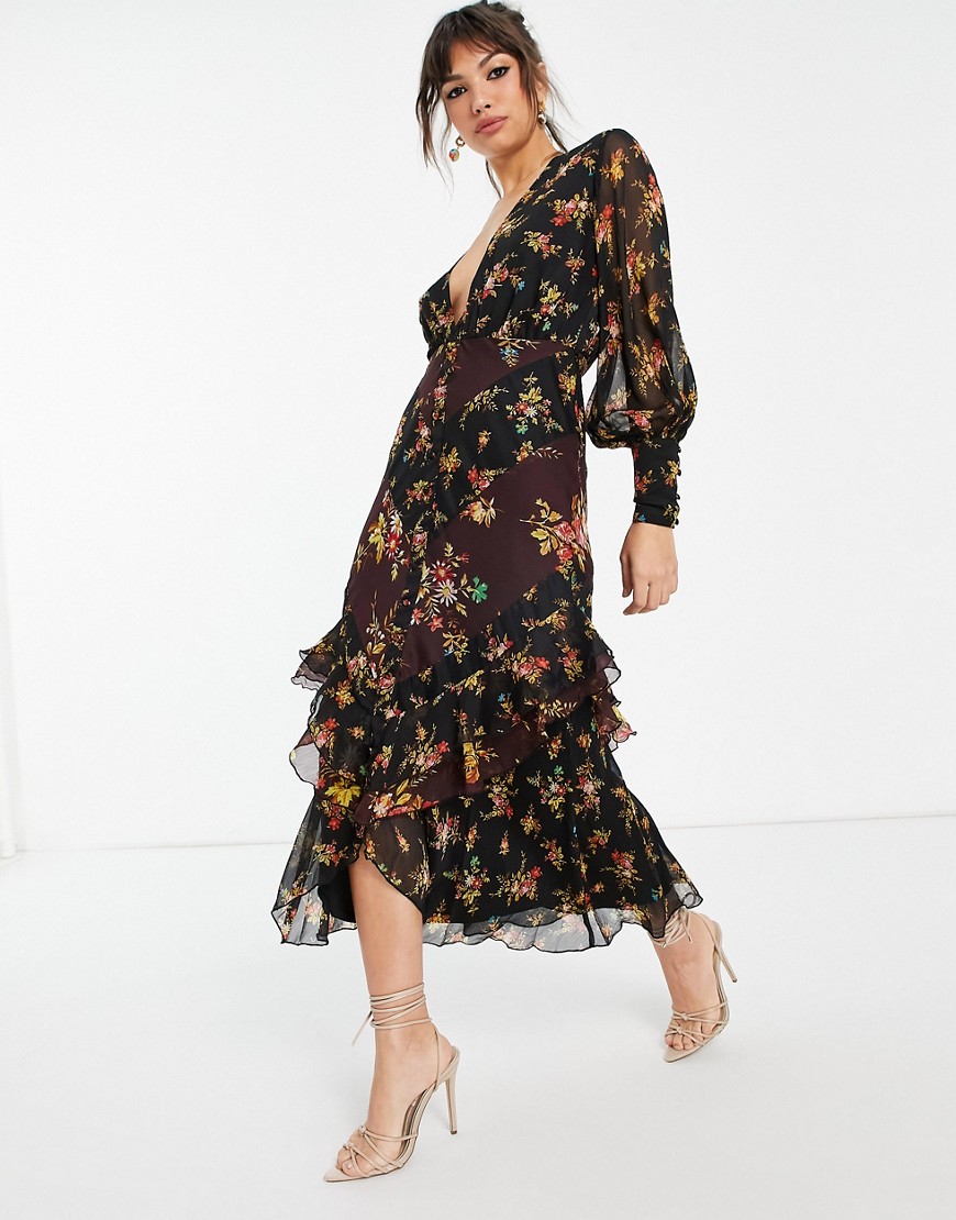 ASOS DESIGN mixed floral plunge front button front midi dress with long sleeve and ruffle skirt-Multi