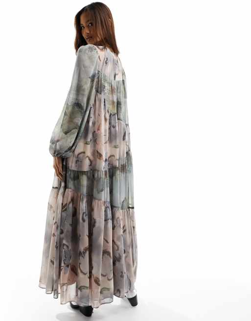 Mixed Floral Prints Long Sleeve Maxi Dress