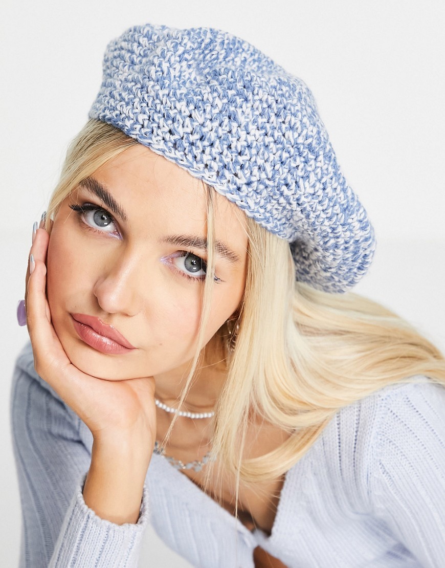 ASOS DESIGN mixed knit crochet beret in blue and white-Multi