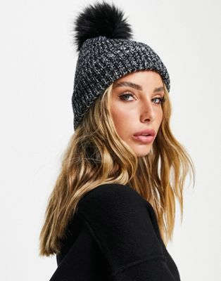 ASOS DESIGN mixed knit pom-pom beanie in black and white