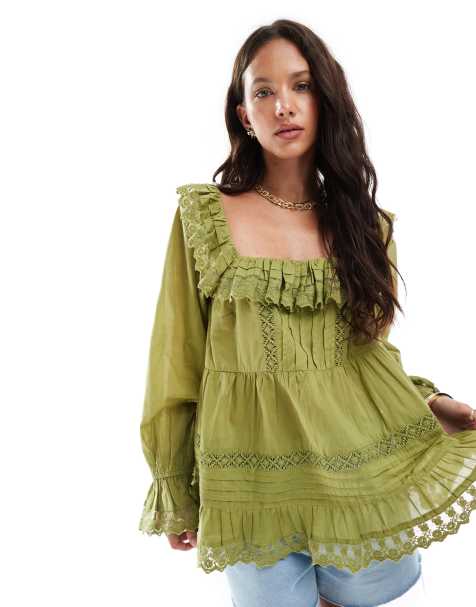 ASOS DESIGN mixed lace and broderie square neck top in green - view 1