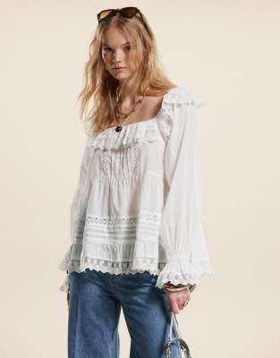 Asos Design Mixed Lace And Broderie Square Neck Top In White