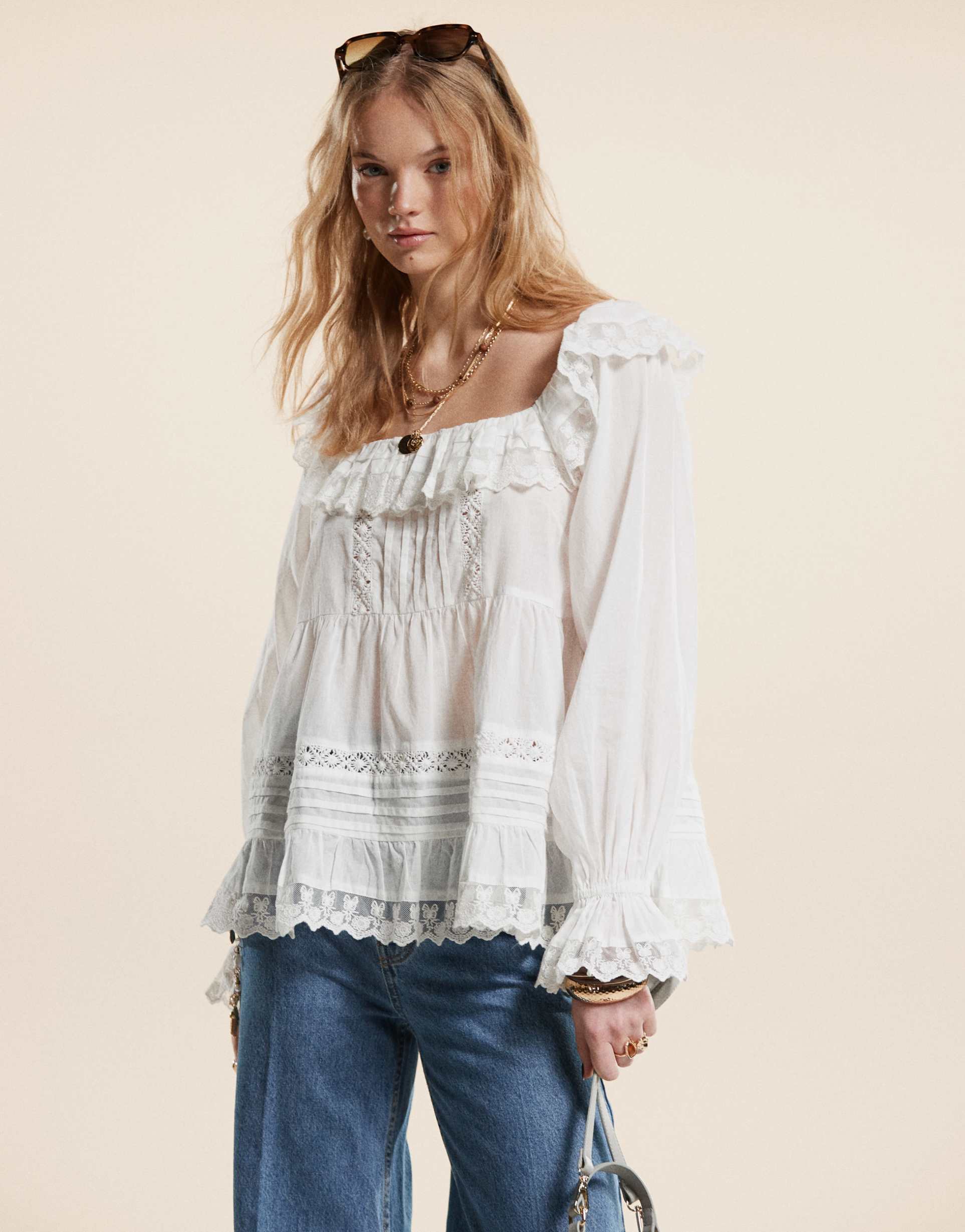 asos design mixed lace and broderie square neck top in white